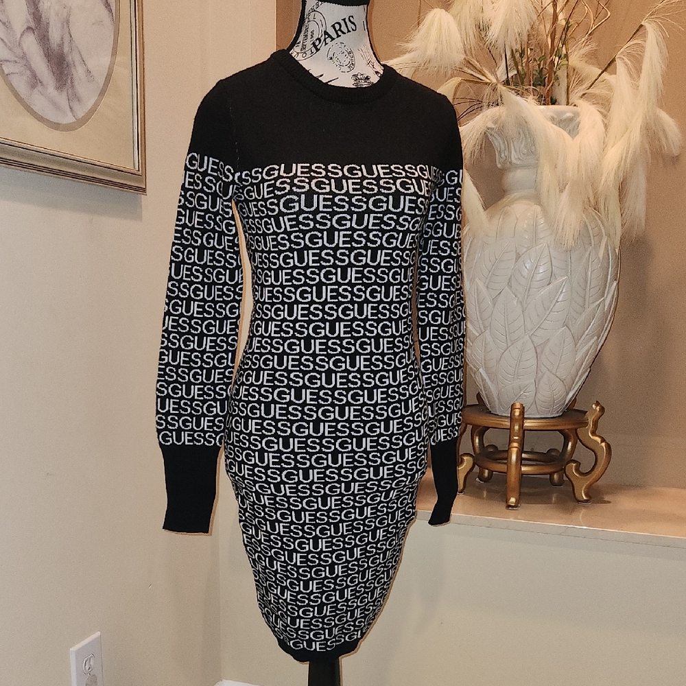 GUESS Black and White Logo Dress Small Size Sweater Dress